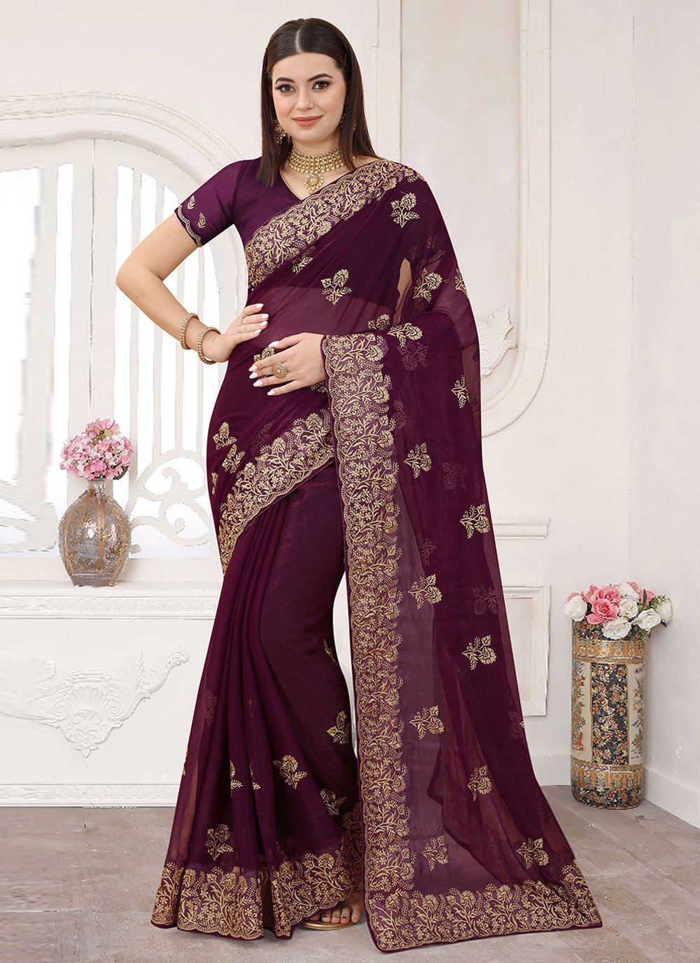 Embroidered Wine Saree With Contrast Blouse