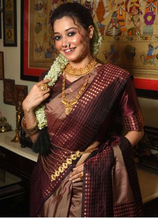 Wine Silk Woven Designer Sari