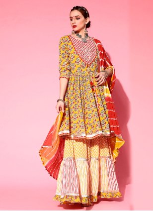 Women's Red and Yellow Cotton  Embroidered work Sharara Salwar Kameez