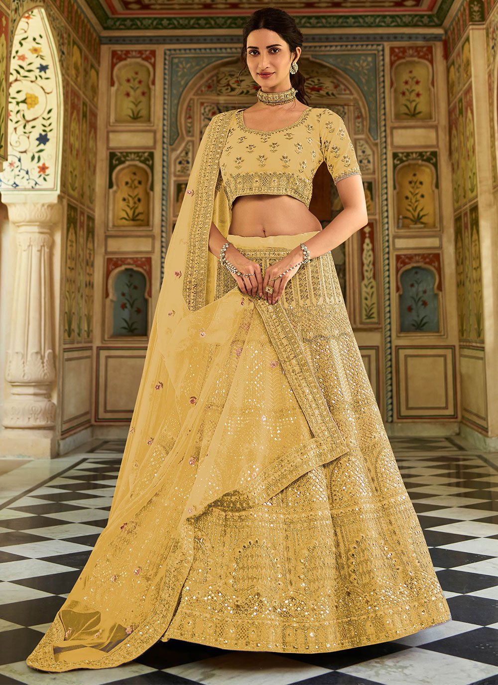 Yellow Color Bridal Net Designer Wear Traditional Lehenga Choli -2159136736  | Heenastyle