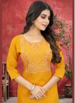 Yellow Cotton  Embroidered Casual Kurti