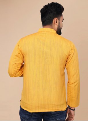 Yellow Cotton  Plain Short Kurta for Men