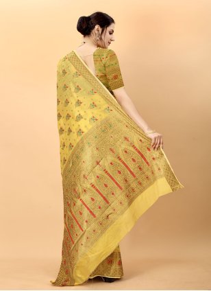 Yellow Cotton  Weaving Contemporary Saree