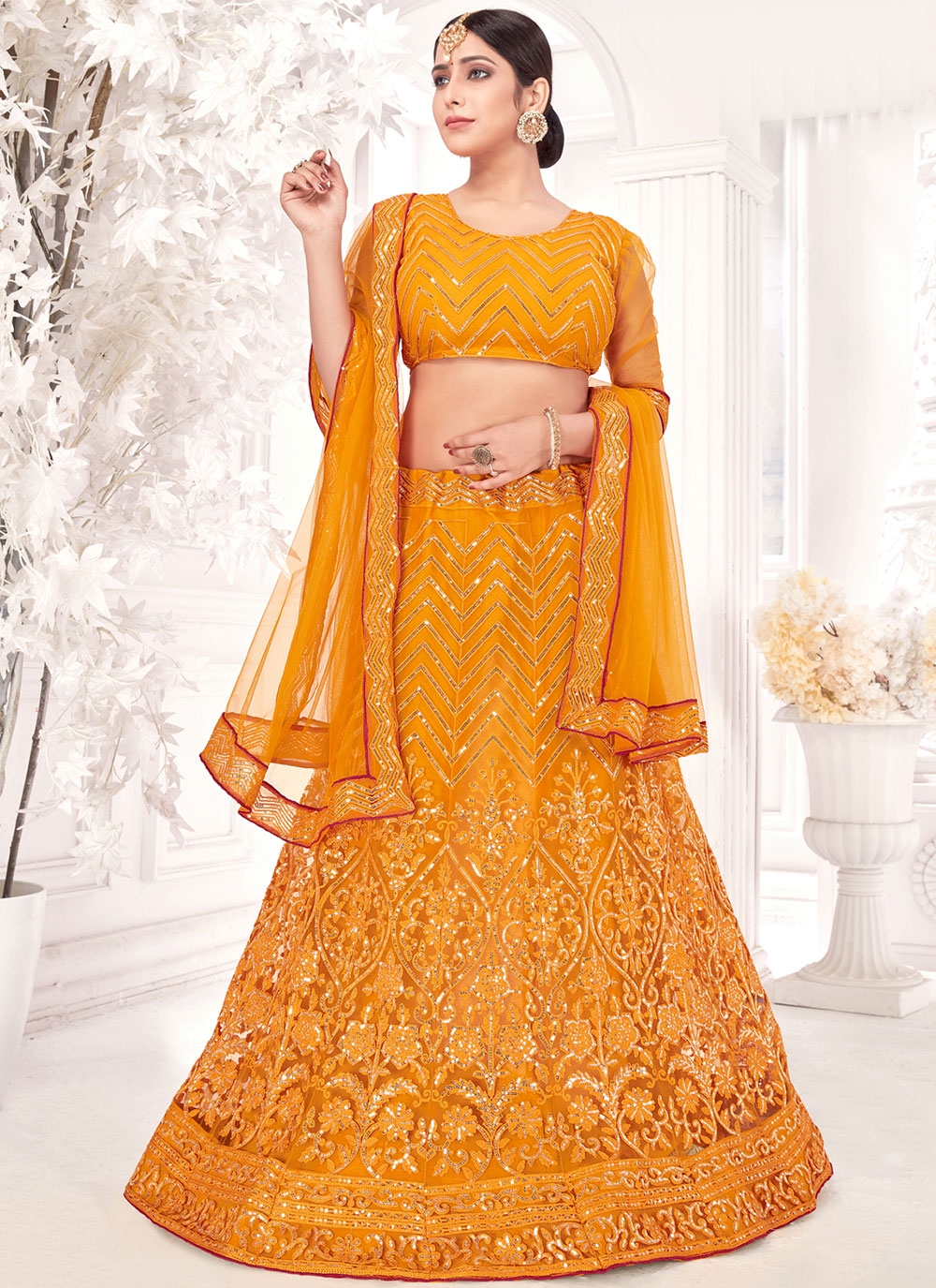 Buy Yellow Embroidered Net A Line Lehenga Choli Online : Switzerland