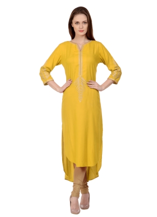 Yellow Embroidered Rayon Designer Kurti