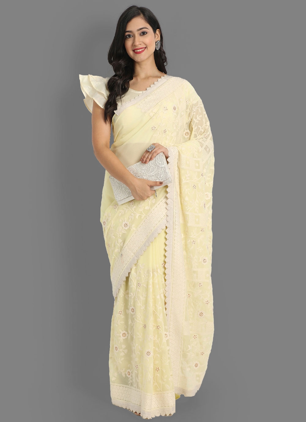 Priyanka Chopra style Japan Satin with printed white colour saree  collection at best rate