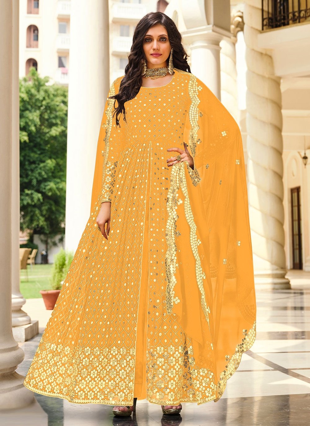 yellow colour long churidar