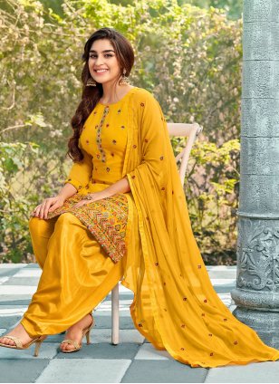 Yellow Georgette Embroidered Trendy Salwar Suits
