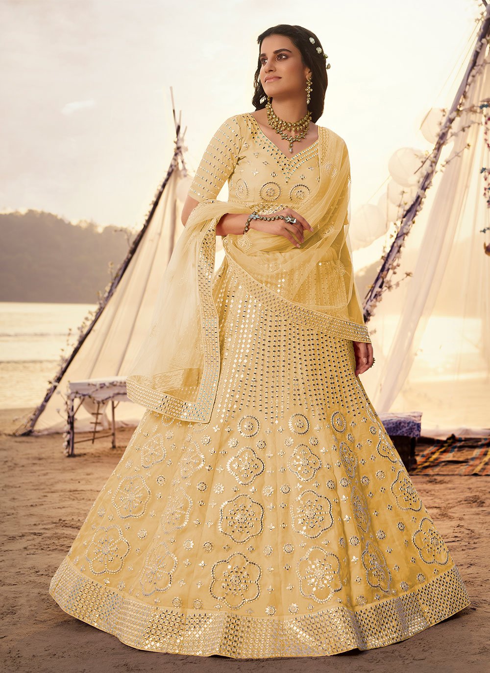 Yellow Colour Net Indian Wedding Lehenga Choli.