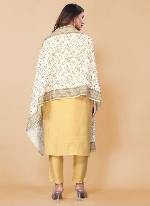 Yellow Poly Silk Embroidered Pant Style Suit