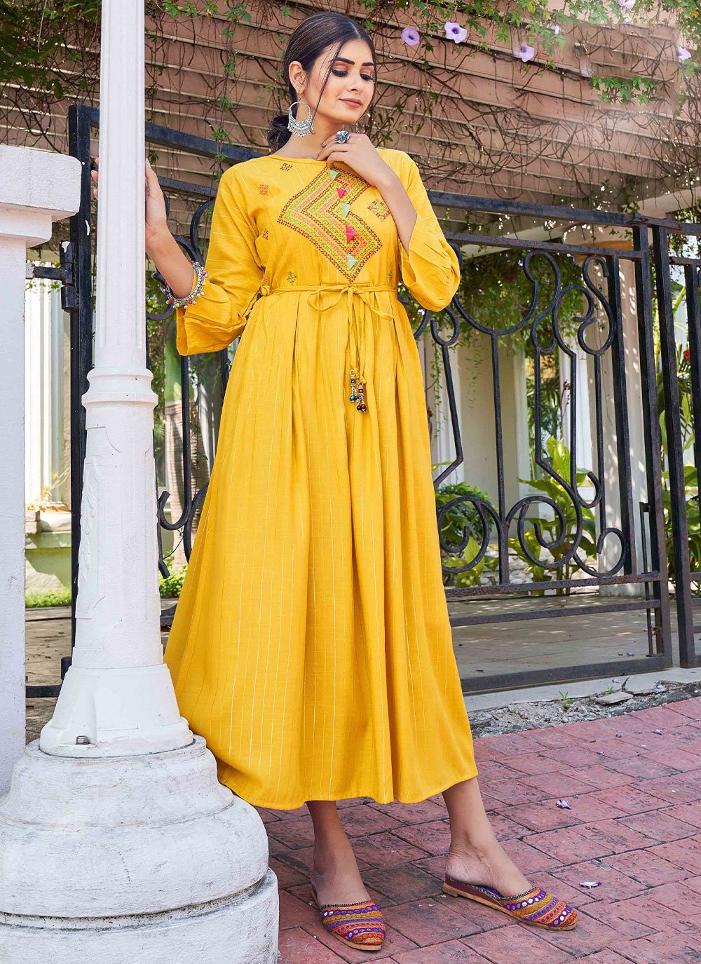 Plus Size Yellow Printed Indian Anarkali Kurta Printed Kurti Designer Y2 |  eBay