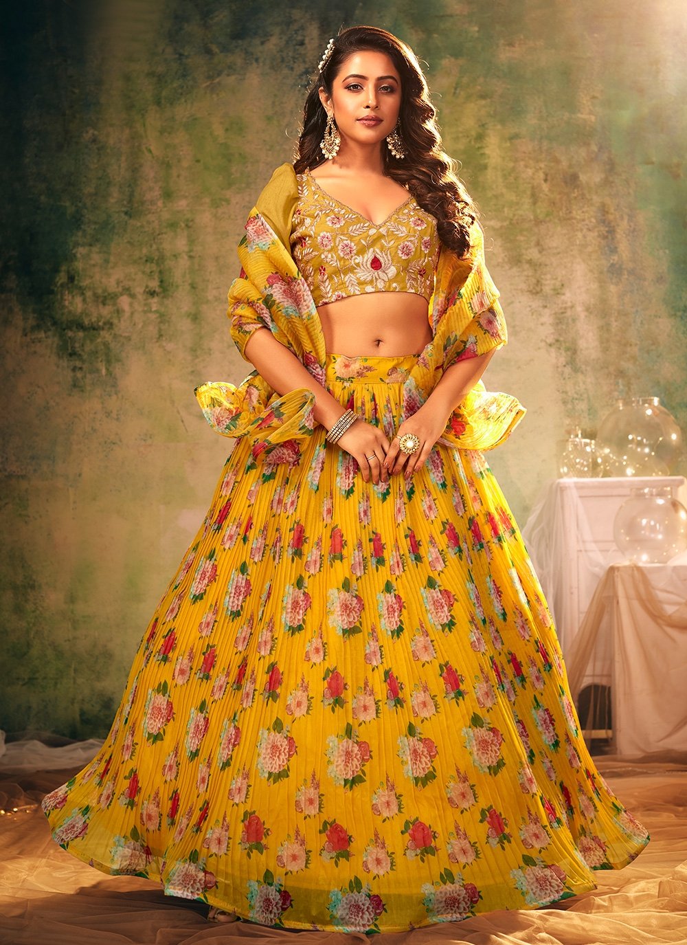 yellow sangeet net lehenga choli 55577