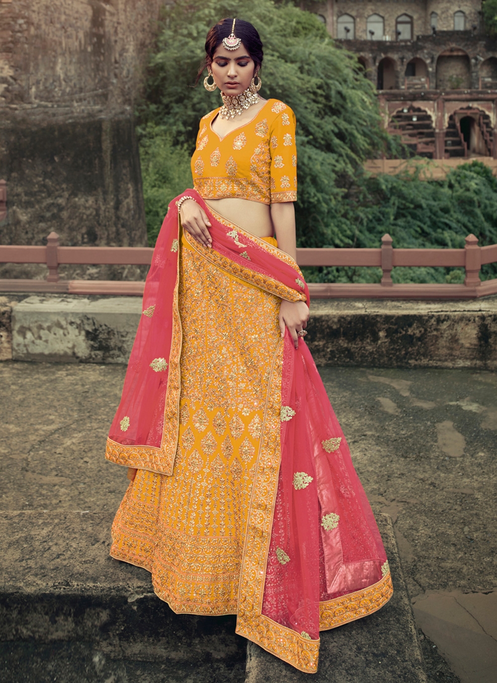 Yellow Designer Embroidered Lehenga Choli In Georgette For B