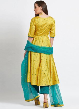 Yellow Silk Blend Booti Readymade Salwar Kameez