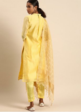 Yellow Silk Embroidered Straight Salwar Suit