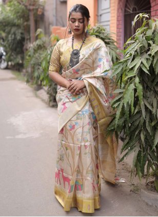 Yellow Silk Printed Trendy Sari