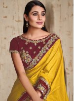 Yellow Tussar Silk Embroidered Classic Sari