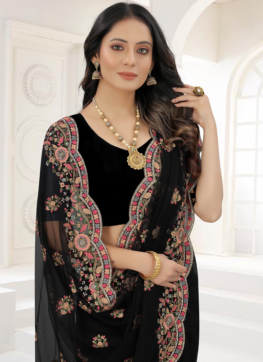 Black Zari Embroidered Georgette Saree