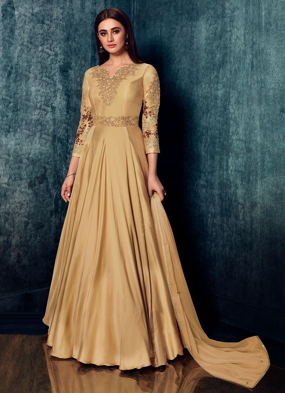Buy Zari Satin Floor Length Gown in Beige Online : UK