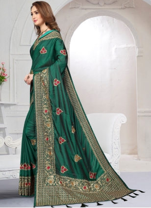 Zari Satin Silk Green Designer Saree