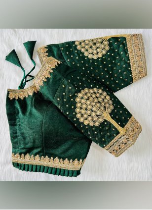 Heavy 3D embroidery work Milan silk blouse in green