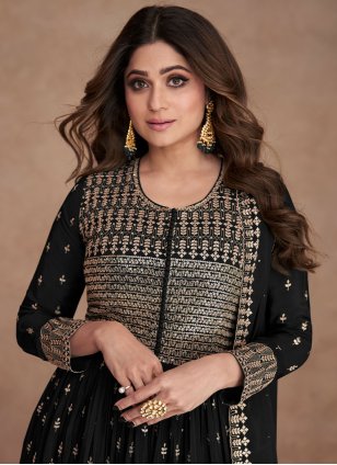 Shamita Shetty Georgette Black Embroidered Palazzo Salwar Suit