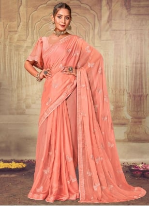 Adorning Resham Peach Chiffon Contemporary Saree