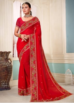 Party Wear, Reception Red and Maroon color Chiffon fabric Saree : 1888249