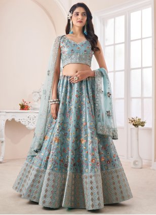 Aqua Blue Art Silk Dori Work Designer Lehenga Choli for Wedding