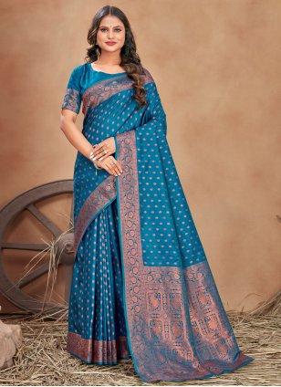 Aqua Blue Banarasi Silk Border Designer Saree