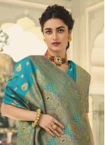 Aqua Blue Banarasi Silk Swarovski Designer Sari
