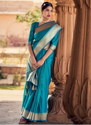 Aqua Blue Banarasi Silk Weaving Trendy Saree