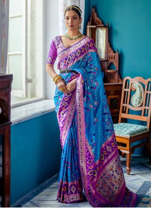 Aqua Blue Banarasi Silk Woven Contemporary Patola Saree