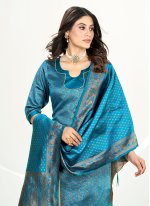 Aqua Blue Banarasi Silk Woven Pant Style Suit