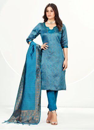 Aqua Blue Banarasi Silk Woven Pant Style Suit