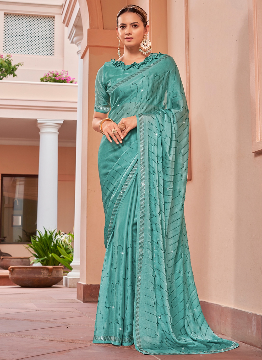 Aqua Blue Chiffon Saree