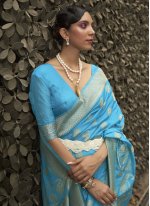 Aqua Blue Chinon Weaving Trendy Sari