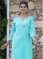 Aqua Blue Cotton  Embroidered Straight Salwar Suit