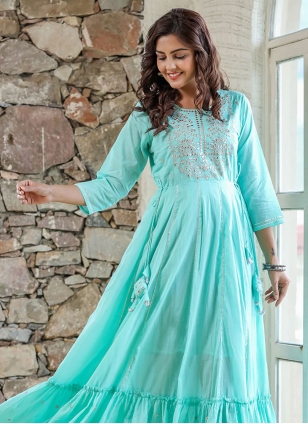 
                            Aqua Blue Cotton  Embroidered Trendy Gown