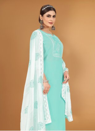 Aqua Blue Cotton  Embroidered Trendy Salwar Suits