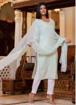 Aqua Blue Cotton  Lucknowi Work Readymade Salwar Suits