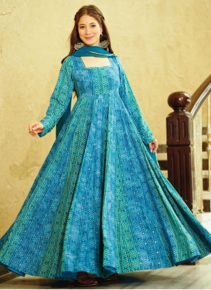 Aqua Blue Digital Print Georgette Designer Gown