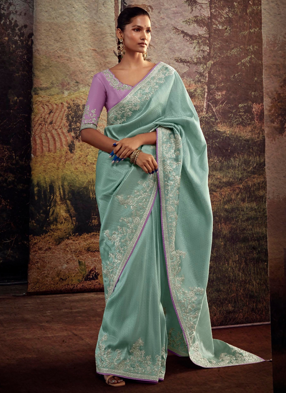 Embroidered Viscose Trendy Saree in Aqua Blue -