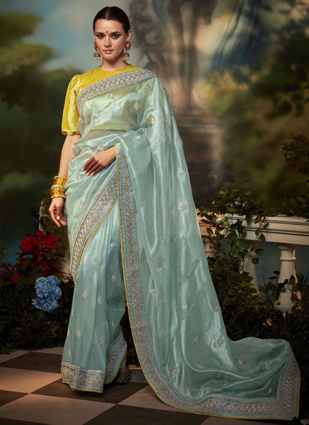 Aqua Blue Floral Sequin Saree – Talking Threads Global