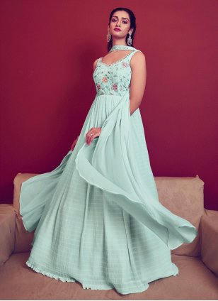 Firozi Blue Embroidered Gown With Dupatta Design by Angad Singh at Pernia's  Pop Up Shop 2024