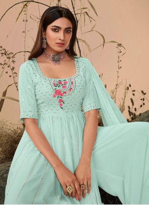 Aqua Blue Georgette Embroidered Palazzo Salwar Suit
