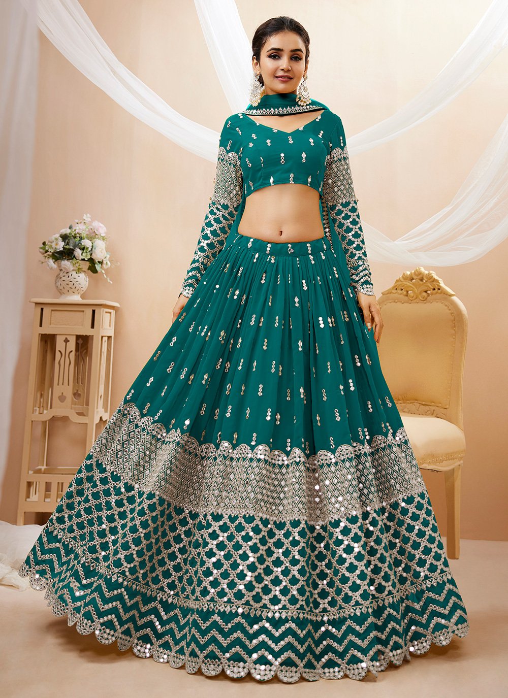 Buy Online Aqua Blue Net Dori Trendy Ghagra Choli : 80294 -