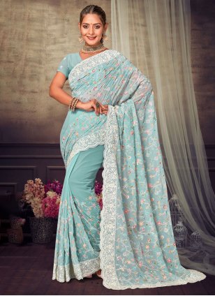 Aqua Blue Georgette Embroidered Trendy Sari