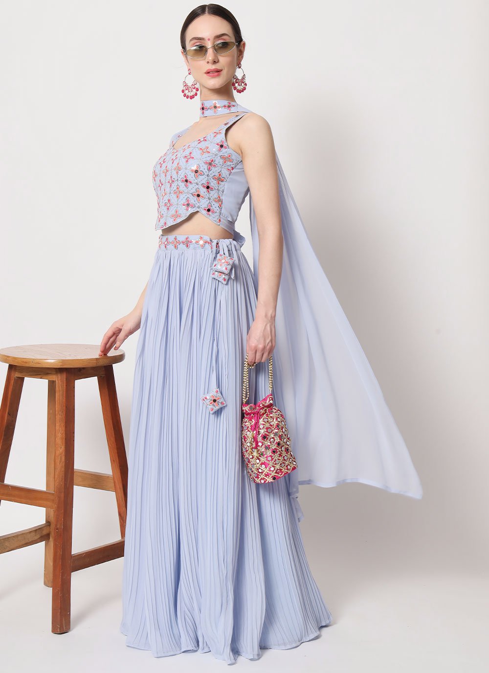 Designer Aqua Blue Georgette Trendy Lehenga Choli for Wedding