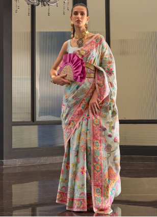 Aqua Blue Handloom Silk Weaving Classic Sari